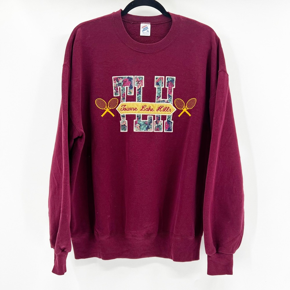 Vintage Jerzees Maroon Floral‎ Tennis Graphic Sweatshirt XL Made in USA